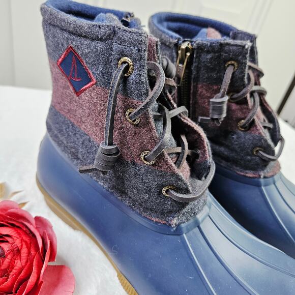 Sperry Saltwater Varsity Striped Duck Boots Size 8 Outdoor Rain Boots Wool Cozy - Picture 8 of 11